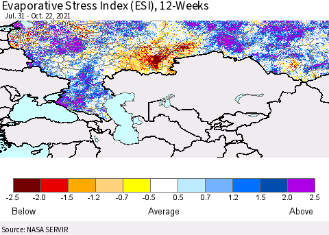 Russian Federation Evaporative Stress Index (ESI), 12-Weeks Thematic Map For 10/18/2021 - 10/24/2021