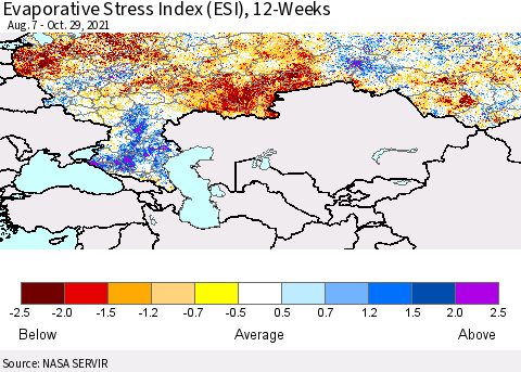 Russian Federation Evaporative Stress Index (ESI), 12-Weeks Thematic Map For 10/25/2021 - 10/31/2021