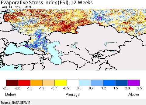 Russian Federation Evaporative Stress Index (ESI), 12-Weeks Thematic Map For 11/1/2021 - 11/7/2021