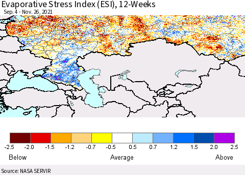 Russian Federation Evaporative Stress Index (ESI), 12-Weeks Thematic Map For 11/22/2021 - 11/28/2021