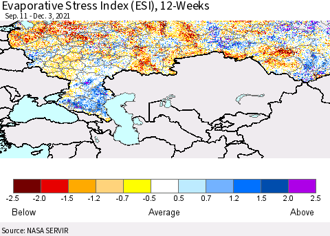 Russian Federation Evaporative Stress Index (ESI), 12-Weeks Thematic Map For 11/29/2021 - 12/5/2021