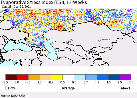 Russian Federation Evaporative Stress Index (ESI), 12-Weeks Thematic Map For 12/13/2021 - 12/19/2021