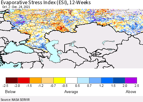 Russian Federation Evaporative Stress Index (ESI), 12-Weeks Thematic Map For 12/20/2021 - 12/26/2021