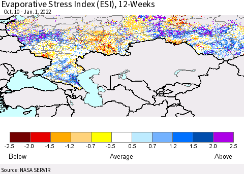Russian Federation Evaporative Stress Index (ESI), 12-Weeks Thematic Map For 12/27/2021 - 1/2/2022