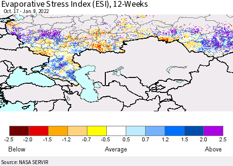 Russian Federation Evaporative Stress Index (ESI), 12-Weeks Thematic Map For 1/3/2022 - 1/9/2022