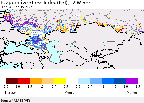Russian Federation Evaporative Stress Index (ESI), 12-Weeks Thematic Map For 1/10/2022 - 1/16/2022