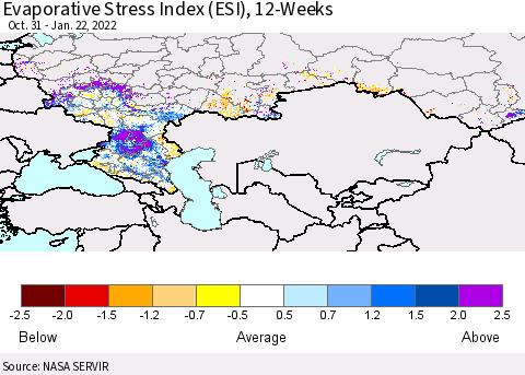 Russian Federation Evaporative Stress Index (ESI), 12-Weeks Thematic Map For 1/17/2022 - 1/23/2022