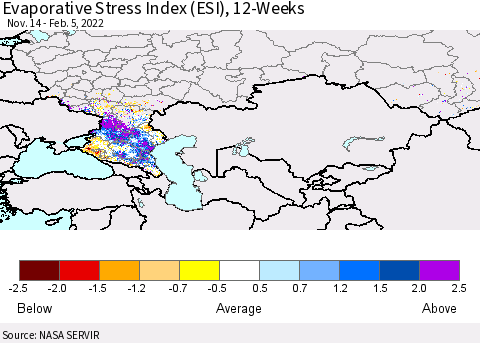 Russian Federation Evaporative Stress Index (ESI), 12-Weeks Thematic Map For 1/31/2022 - 2/6/2022