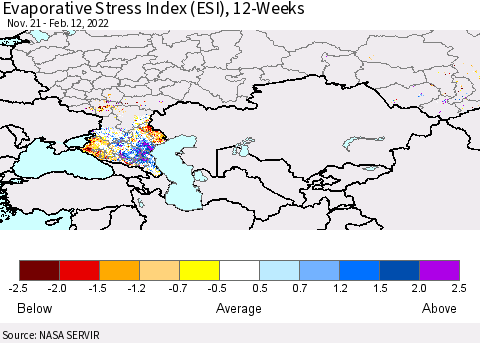 Russian Federation Evaporative Stress Index (ESI), 12-Weeks Thematic Map For 2/7/2022 - 2/13/2022