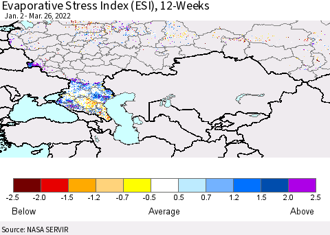 Russian Federation Evaporative Stress Index (ESI), 12-Weeks Thematic Map For 3/21/2022 - 3/27/2022