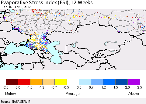 Russian Federation Evaporative Stress Index (ESI), 12-Weeks Thematic Map For 4/4/2022 - 4/10/2022