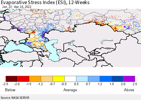 Russian Federation Evaporative Stress Index (ESI), 12-Weeks Thematic Map For 4/11/2022 - 4/17/2022