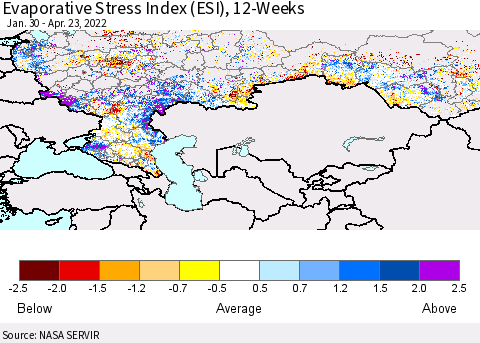 Russian Federation Evaporative Stress Index (ESI), 12-Weeks Thematic Map For 4/18/2022 - 4/24/2022