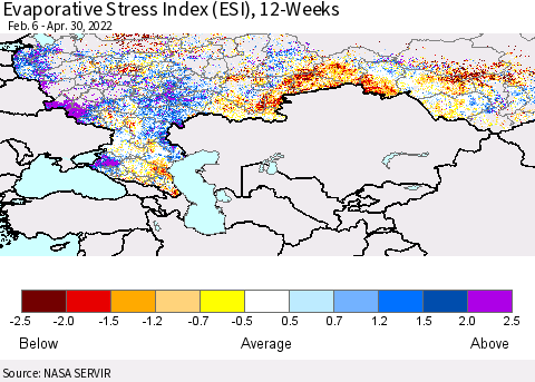 Russian Federation Evaporative Stress Index (ESI), 12-Weeks Thematic Map For 4/25/2022 - 5/1/2022