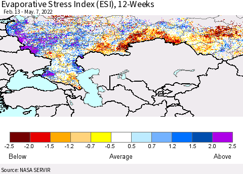 Russian Federation Evaporative Stress Index (ESI), 12-Weeks Thematic Map For 5/2/2022 - 5/8/2022