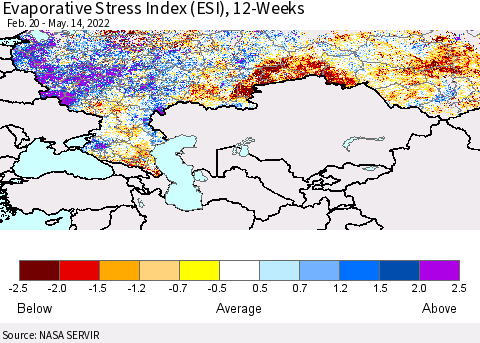 Russian Federation Evaporative Stress Index (ESI), 12-Weeks Thematic Map For 5/9/2022 - 5/15/2022