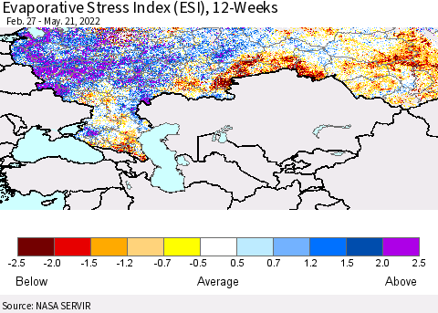 Russian Federation Evaporative Stress Index (ESI), 12-Weeks Thematic Map For 5/16/2022 - 5/22/2022