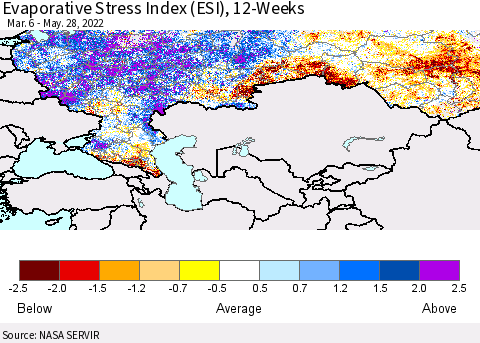 Russian Federation Evaporative Stress Index (ESI), 12-Weeks Thematic Map For 5/23/2022 - 5/29/2022