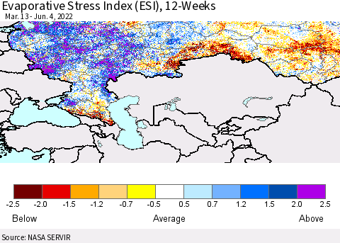 Russian Federation Evaporative Stress Index (ESI), 12-Weeks Thematic Map For 5/30/2022 - 6/5/2022