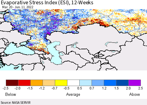 Russian Federation Evaporative Stress Index (ESI), 12-Weeks Thematic Map For 6/6/2022 - 6/12/2022