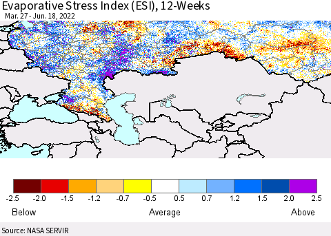 Russian Federation Evaporative Stress Index (ESI), 12-Weeks Thematic Map For 6/13/2022 - 6/19/2022
