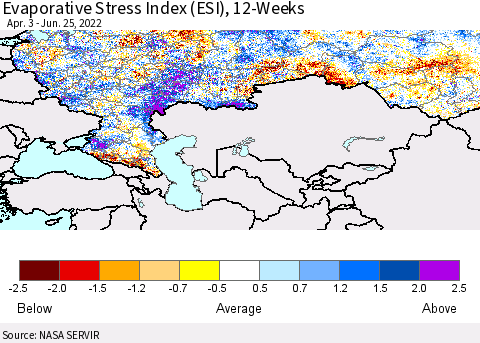 Russian Federation Evaporative Stress Index (ESI), 12-Weeks Thematic Map For 6/20/2022 - 6/26/2022