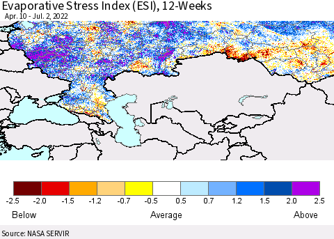 Russian Federation Evaporative Stress Index (ESI), 12-Weeks Thematic Map For 6/27/2022 - 7/3/2022