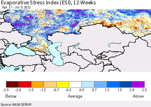 Russian Federation Evaporative Stress Index (ESI), 12-Weeks Thematic Map For 7/4/2022 - 7/10/2022