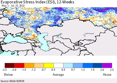 Russian Federation Evaporative Stress Index (ESI), 12-Weeks Thematic Map For 7/18/2022 - 7/24/2022