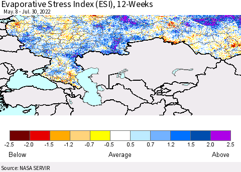 Russian Federation Evaporative Stress Index (ESI), 12-Weeks Thematic Map For 7/25/2022 - 7/31/2022