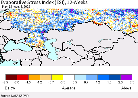 Russian Federation Evaporative Stress Index (ESI), 12-Weeks Thematic Map For 8/1/2022 - 8/7/2022