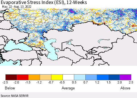 Russian Federation Evaporative Stress Index (ESI), 12-Weeks Thematic Map For 8/8/2022 - 8/14/2022