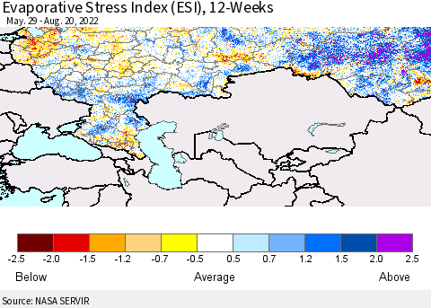 Russian Federation Evaporative Stress Index (ESI), 12-Weeks Thematic Map For 8/15/2022 - 8/21/2022