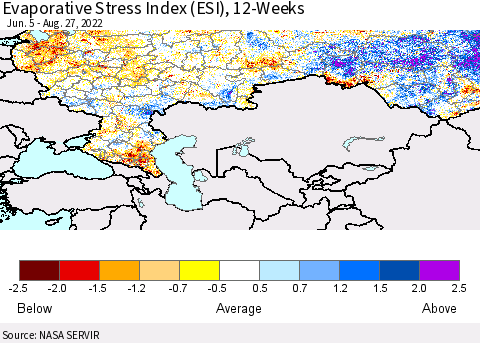 Russian Federation Evaporative Stress Index (ESI), 12-Weeks Thematic Map For 8/22/2022 - 8/28/2022