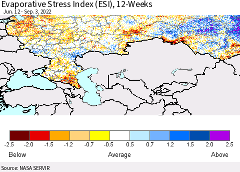 Russian Federation Evaporative Stress Index (ESI), 12-Weeks Thematic Map For 8/29/2022 - 9/4/2022