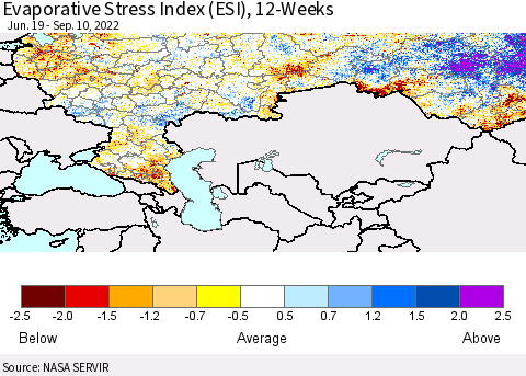 Russian Federation Evaporative Stress Index (ESI), 12-Weeks Thematic Map For 9/5/2022 - 9/11/2022