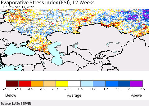 Russian Federation Evaporative Stress Index (ESI), 12-Weeks Thematic Map For 9/12/2022 - 9/18/2022