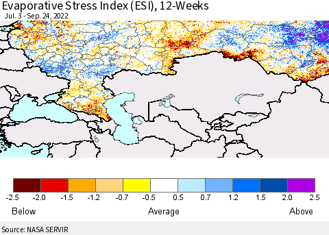 Russian Federation Evaporative Stress Index (ESI), 12-Weeks Thematic Map For 9/19/2022 - 9/25/2022