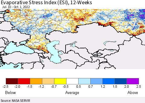 Russian Federation Evaporative Stress Index (ESI), 12-Weeks Thematic Map For 9/26/2022 - 10/2/2022
