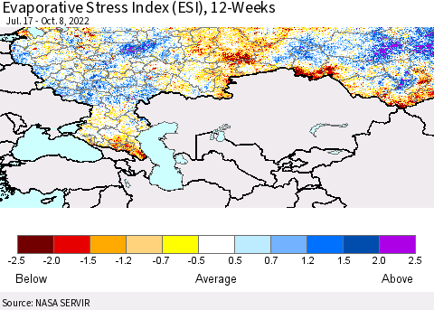 Russian Federation Evaporative Stress Index (ESI), 12-Weeks Thematic Map For 10/3/2022 - 10/9/2022