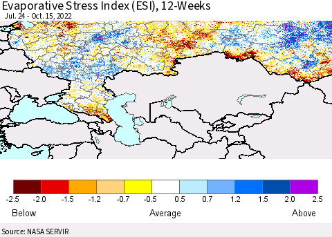 Russian Federation Evaporative Stress Index (ESI), 12-Weeks Thematic Map For 10/10/2022 - 10/16/2022