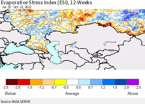 Russian Federation Evaporative Stress Index (ESI), 12-Weeks Thematic Map For 10/17/2022 - 10/23/2022