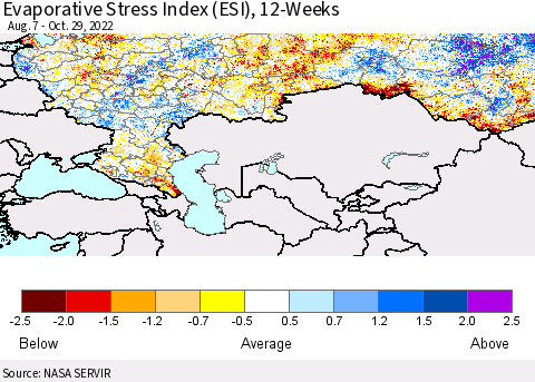 Russian Federation Evaporative Stress Index (ESI), 12-Weeks Thematic Map For 10/24/2022 - 10/30/2022