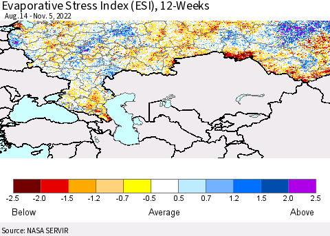 Russian Federation Evaporative Stress Index (ESI), 12-Weeks Thematic Map For 10/31/2022 - 11/6/2022
