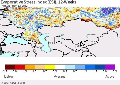 Russian Federation Evaporative Stress Index (ESI), 12-Weeks Thematic Map For 11/7/2022 - 11/13/2022