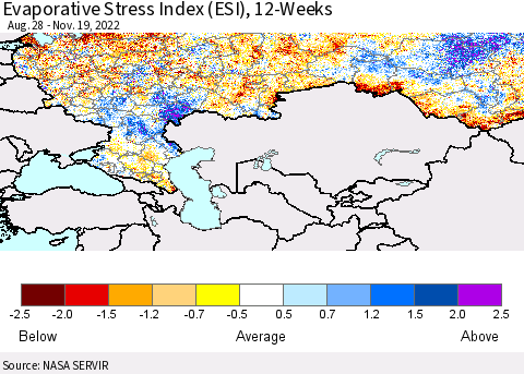 Russian Federation Evaporative Stress Index (ESI), 12-Weeks Thematic Map For 11/14/2022 - 11/20/2022