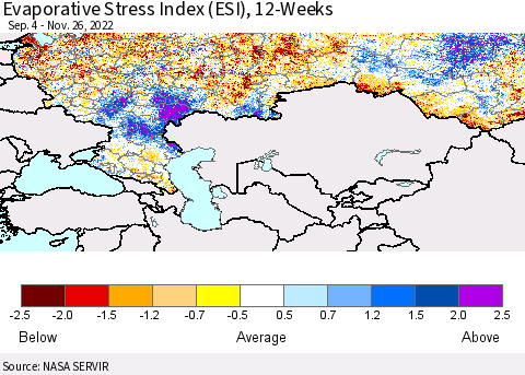 Russian Federation Evaporative Stress Index (ESI), 12-Weeks Thematic Map For 11/21/2022 - 11/27/2022