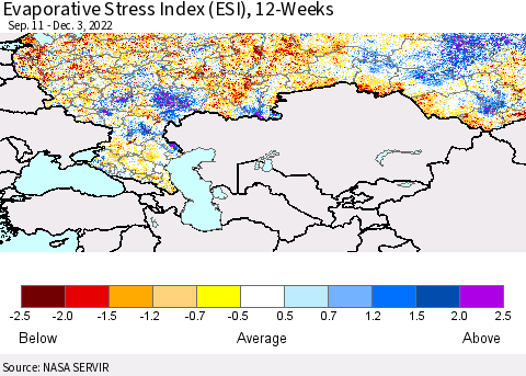Russian Federation Evaporative Stress Index (ESI), 12-Weeks Thematic Map For 11/28/2022 - 12/4/2022