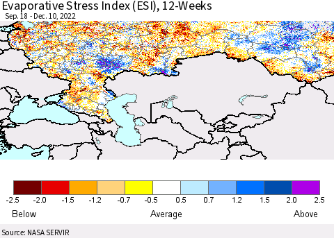 Russian Federation Evaporative Stress Index (ESI), 12-Weeks Thematic Map For 12/5/2022 - 12/11/2022