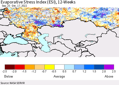 Russian Federation Evaporative Stress Index (ESI), 12-Weeks Thematic Map For 12/12/2022 - 12/18/2022